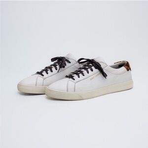 Saint Laurent White Leather Sneakers with Leopard Accent